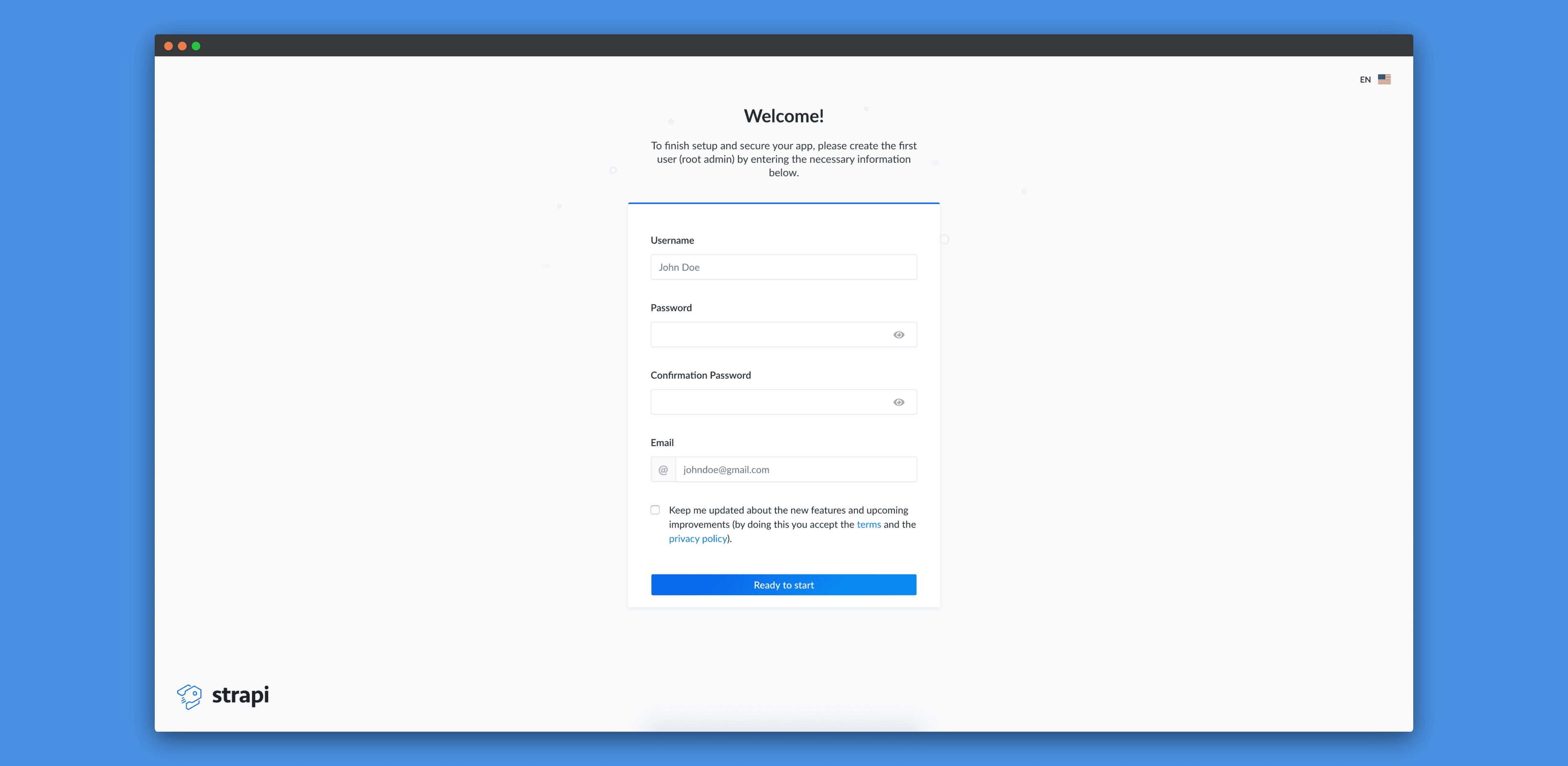 Form for creating an administrator